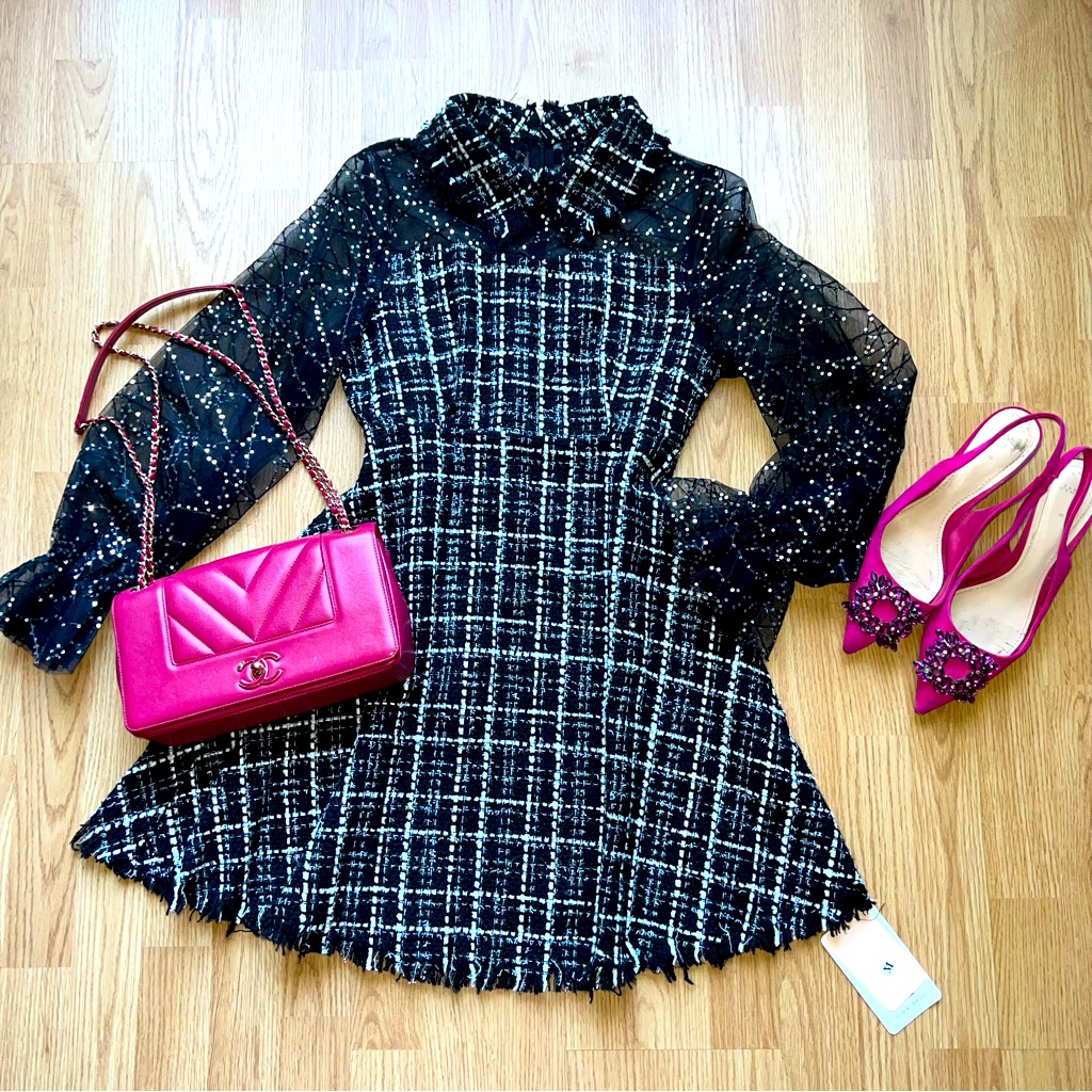 Beautiful Black/White Tweed A-Line Dress With Crinoline Sleeves & Silver Sequins
